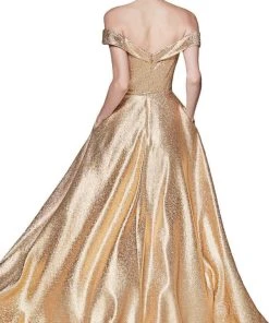 Cinderella Divine - CJ268 Glitter Off-Shoulder Ballgown With Pockets Formal Gowns