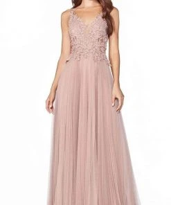 Cinderella Divine - CJ536 Lace Appliqued A-Line Evening Dress Formal Gowns