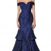 Cinderella Divine - CK849 Off Shoulder Tiered Brocade Trumpet Gown Formal Gowns