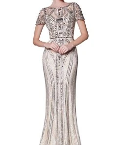 Cinderella Divine - CK865 Illusion Short Sleeve Art Deco Lace Gown