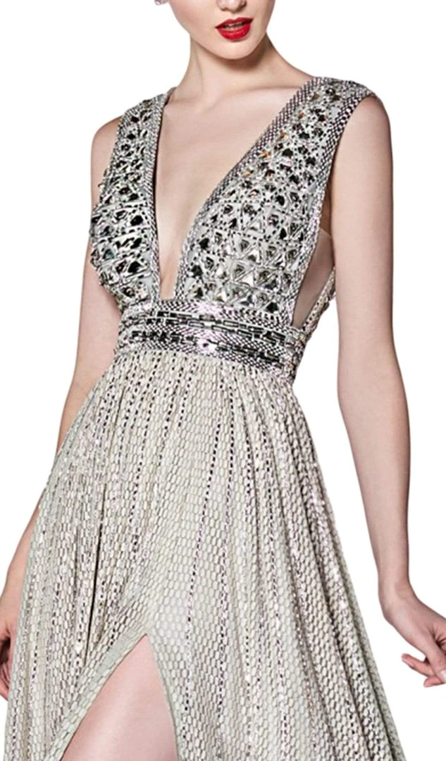 Formal Gowns Cinderella Divine - CK892 Plunging Geo-Beaded Bodice High Slit Gown 4 Formal Gowns Cinderella Divine - CK892 Plunging Geo-Beaded Bodice High Slit Gown