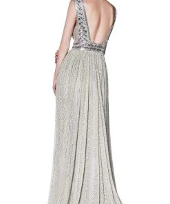 Formal Gowns Cinderella Divine - CK892 Plunging Geo-Beaded Bodice High Slit Gown 8 Formal Gowns Cinderella Divine - CK892 Plunging Geo-Beaded Bodice High Slit Gown