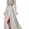 Formal Gowns Cinderella Divine - CK892 Plunging Geo-Beaded Bodice High Slit Gown 2 Formal Gowns Cinderella Divine - CK892 Plunging Geo-Beaded Bodice High Slit Gown