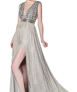 Formal Gowns Cinderella Divine - CK892 Plunging Geo-Beaded Bodice High Slit Gown