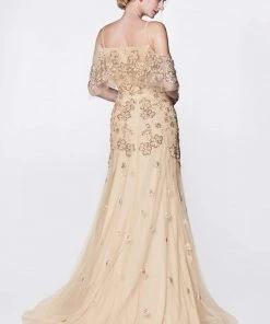 Formal Gowns Cinderella Divine - CK896 Floral Embellished Off-Shoulder A-line Gown