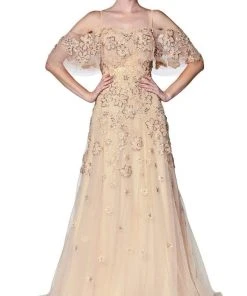 Formal Gowns Cinderella Divine - CK896 Floral Embellished Off-Shoulder A-line Gown