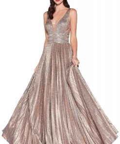 Formal Gowns Cinderella Divine - CM9061 Long Plunge Bodice Glitter Dress