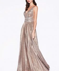 Formal Gowns Cinderella Divine - CM9061 Long Plunge Bodice Glitter Dress