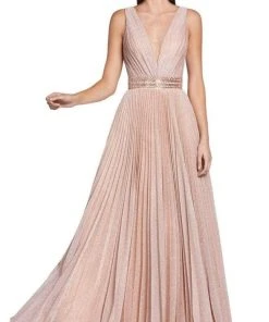 Cinderella Divine - CM9086 Deep V-neck Beaded Pleated A-line Dress Formal Gowns