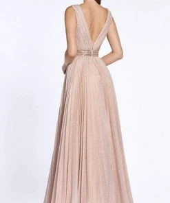 Cinderella Divine - CM9086 Deep V-neck Beaded Pleated A-line Dress Formal Gowns