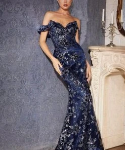 Cinderella Divine - Cold Shoulder Embellished Prom Dress CB074 - 1 Pc Smoky Blue In Size 8 Available Formal Gowns