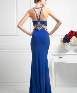 Formal Gowns Cinderella Divine - CP812 Jeweled Sheer Midriff Sheath Gown