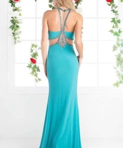 Formal Gowns Cinderella Divine - CP812 Jeweled Sheer Midriff Sheath Gown