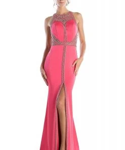 Cinderella Divine - CR752 Bead-Trimmed High Slit Long Gown