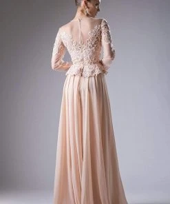 Formal Gowns Cinderella Divine - CR772 Long Sleeve Embellished Peplum A-line Evening Gown