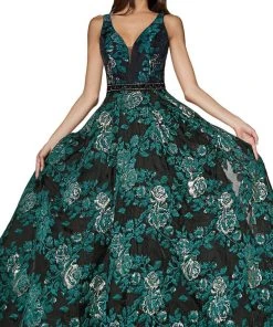 Cinderella Divine - CR821 Deep V-neck Brocade A-line Gown