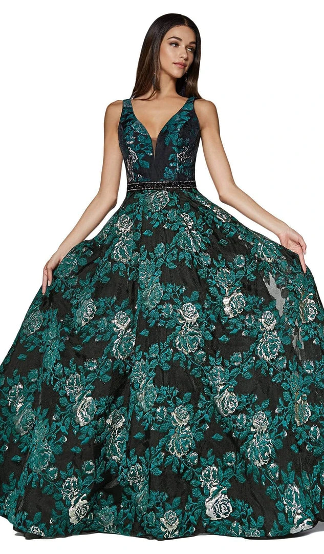 Cinderella Divine - CR821 Deep V-neck Brocade A-line Gown 3 Cinderella Divine - CR821 Deep V-neck Brocade A-line Gown