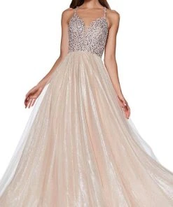 Cinderella Divine - CR835 Beaded Sleeveless Top Metallic Organza Gown Formal Gowns