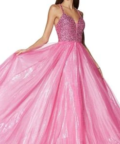 Cinderella Divine - CR835 Beaded Sleeveless Top Metallic Organza Gown Formal Gowns