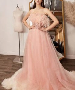 Cinderella Divine CR864 - Strapless Feathery Long Gown Formal Gowns
