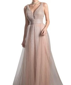 Formal Gowns Cinderella Divine - CT0040 Metallic Knit Deep V-neck A-line Dress