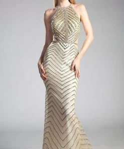 Formal Gowns Cinderella Divine - CZ0010 Beaded Chevron Motif Long Mermaid Gown
