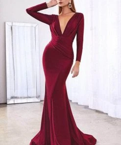 Cinderella Divine - Deep V-Neck Ruched Long Gown CD0168 Formal Gowns 10 Cinderella Divine - Deep V-Neck Ruched Long Gown CD0168 Formal Gowns