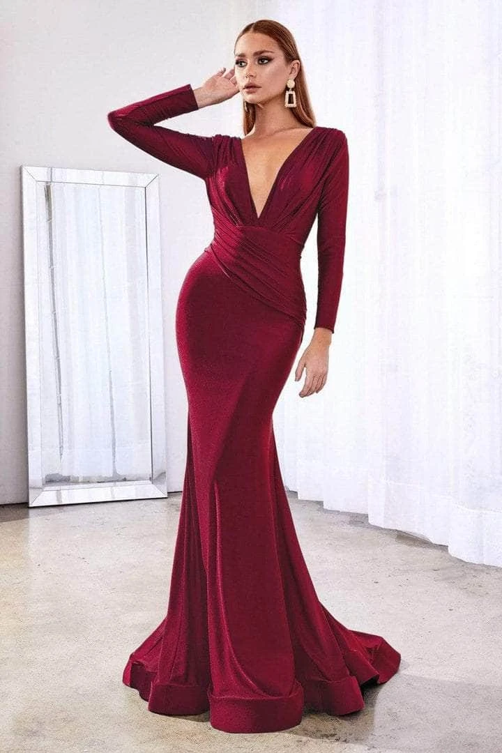 Cinderella Divine - Deep V-Neck Ruched Long Gown CD0168 Formal Gowns 6 Cinderella Divine - Deep V-Neck Ruched Long Gown CD0168 Formal Gowns