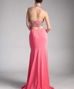 Cinderella Divine - Embellished High Halter Fitted Evening Gown Formal Gowns