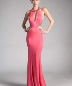 Cinderella Divine - Embellished High Halter Fitted Evening Gown Formal Gowns