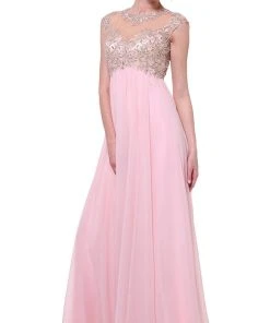 Cinderella Divine - Embellished Illusion Jewel Neck A-line Dress