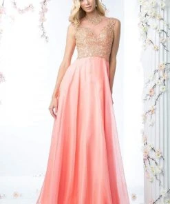 Formal Gowns Cinderella Divine - Embellished Illusion Jewel Neck A-line Gown
