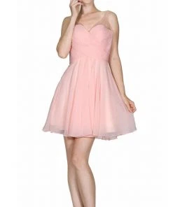 Cinderella Divine - Embellished Illusion V-neck Pleated Cocktail Dress