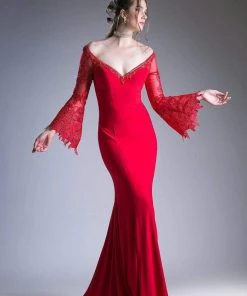 Cinderella Divine - Embellished Lace Bell Sleeve Sheath Dress Formal Gowns