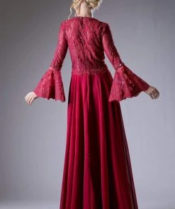 Cinderella Divine - Embellished Lace Long Bell Sleeve A-line Dress Formal Gowns