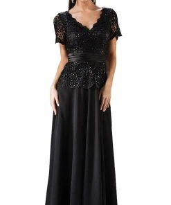 Cinderella Divine - Embellished Lace Scalloped V-neck Dress Formal Gowns