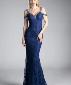 Cinderella Divine - Embellished Strappy V-neck Lace Fitted Dress 10 Cinderella Divine - Embellished Strappy V-neck Lace Fitted Dress