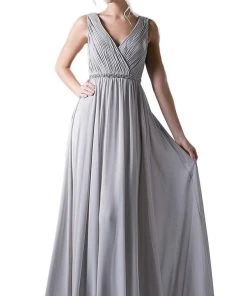 Cinderella Divine - Embellished Surplice Pleated V-neck A-line Dress Formal Gowns
