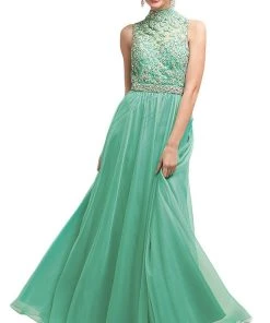 Cinderella Divine - 7952 Embroidered High Neck Chiffon Dress Formal Gowns