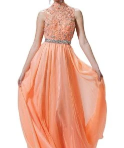 Cinderella Divine - 7952 Embroidered High Neck Chiffon Dress Formal Gowns