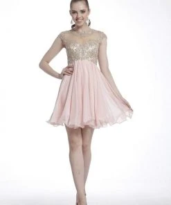 Cocktail Dresses Cinderella Divine - Embroidered Sheer Cap Sleeves Cocktail Dress