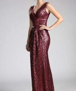 Formal Gowns Cinderella Divine - ET326 Surplice Bodice Draping Sequined Gown