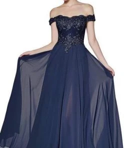 Cinderella Divine - Flowy Chiffon Lace Embellished A-Line Gown 7258 Formal Gowns