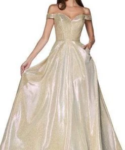 Formal Gowns Cinderella Divine - Glitter Off-Shoulder Ballgown CJ270 - 1 Pc Champagne-Gold In Size 6 Available