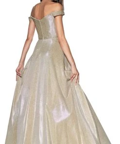 Formal Gowns Cinderella Divine - Glitter Off-Shoulder Ballgown CJ270 - 1 Pc Champagne-Gold In Size 6 Available