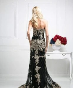 Cinderella Divine - Gold Applique Scalloped Neck Sheath Dress