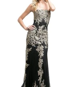 Cinderella Divine - Gold Applique Scalloped Neck Sheath Dress