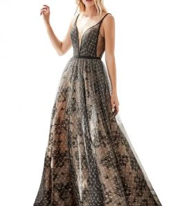 Formal Gowns Cinderella Divine - H9928 Deep V-neck A-line Gown