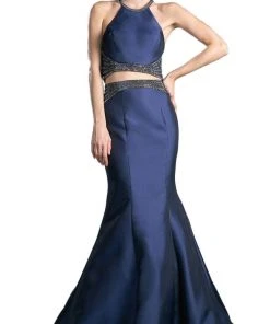 Cinderella Divine - Halter Neck Beaded Two-Piece Mermaid Evening Gown Formal Gowns