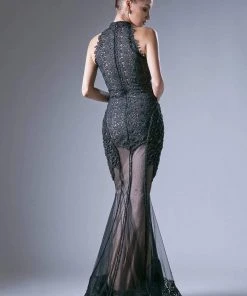 Cinderella Divine - 496 High Halter Neck Sheer Embellished Evening Gown